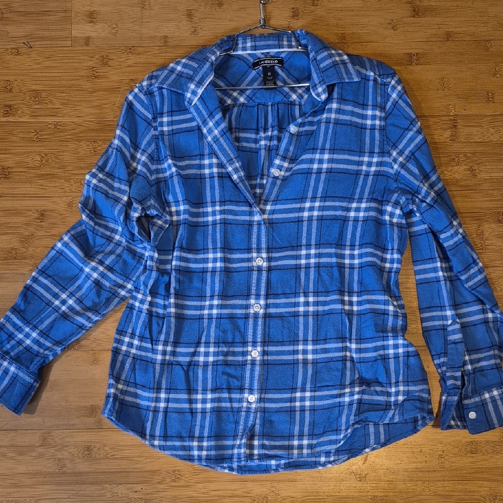 Lands' End Blue Plaid Button-Down Shirt